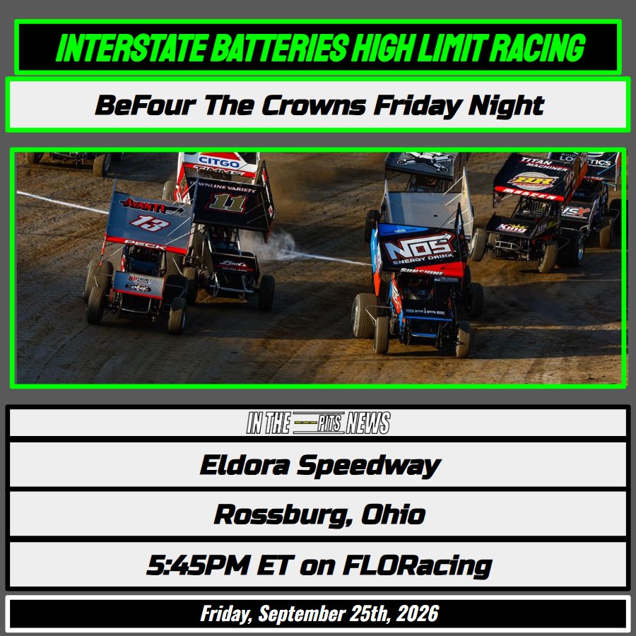 InThePitsNews's tweet photo. Friday Night’s Lights

The ARCA Menards Series determine their championship with a season finale at Kansas, while High Limit get their first opportunity on-track at Eldora for the #4Crown. And the Outlaws take the Kern County as their West Coast Swing winds down. #ARCA #WoO https://t.co/k35TSAgJ6O