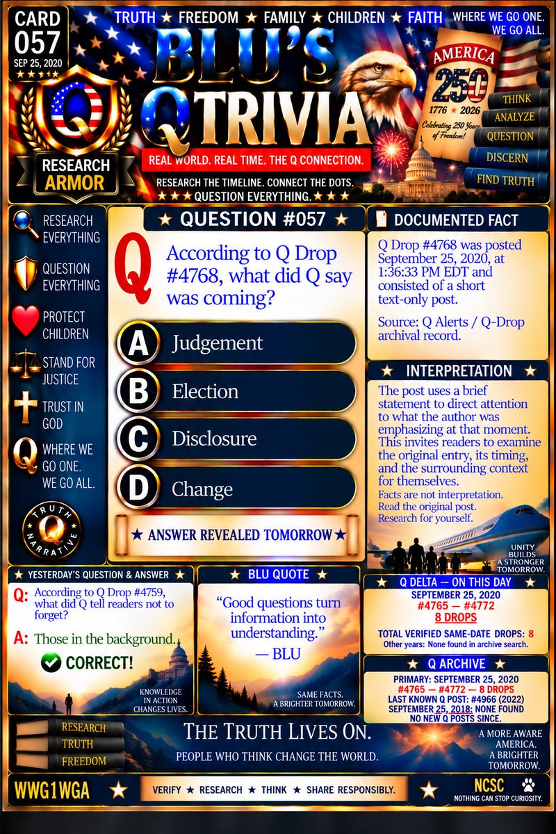 DreamBlu2813's tweet photo. New day. New question. 👀🔎 Do you know the answer, or are you going to research it? Pick A, B, C, or D—and tell us why. 🇺🇸
#BLUSQTrivia #America250 #ResearchEverything #NCSC #QuestionEverything https://t.co/ydumkXrYuJ