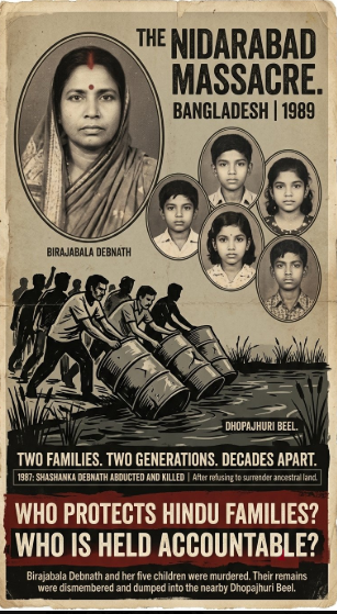 HinduVoice_in's tweet photo. Just like Niranjan Chandra, a pregnant Birajabala Debnath and her five children were murdered by an Islamist mob of 15–20 people in 1989.
 
Their remains were allegedly dismembered, forced into metal drums and dumped into the nearby Dhopajhuri Beel.  Birajabala’s husband Shashanka Debnath was abducted and killed after refusing to surrender his ancestral land in 1987.   
 
And yet, beyond the horror of one murdered man, far more chilling questions remain.

1) Does anyone intend to hold the Bangladesh Government and Islamists responsible for violence against minority Hindus to account?
2) Why are Bangladesh's vulnerable minorities being left to face violence, fear and disappearance alone with the world preferring to look the other way ?

@narendramodi @DinTri @MEAIndia @DrSJaishankar @KanchanGupta @tathagata2