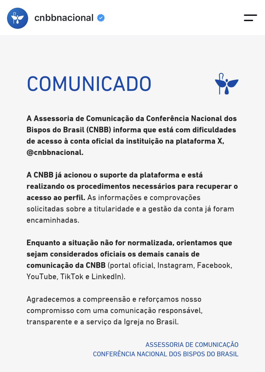 jnascim's tweet photo. No Instagram, perfil da Conferência Nacional dos Bispos do Brasil (CNBB) relata dificuldades de acesso à consta oficial da instituição no X/Twitter. “A CNBB já acionou o suporte da plataforma e está realizando os procedimentos necessários para recuperar o acesso ao perfil.” https://t.co/4r7beN5lCo