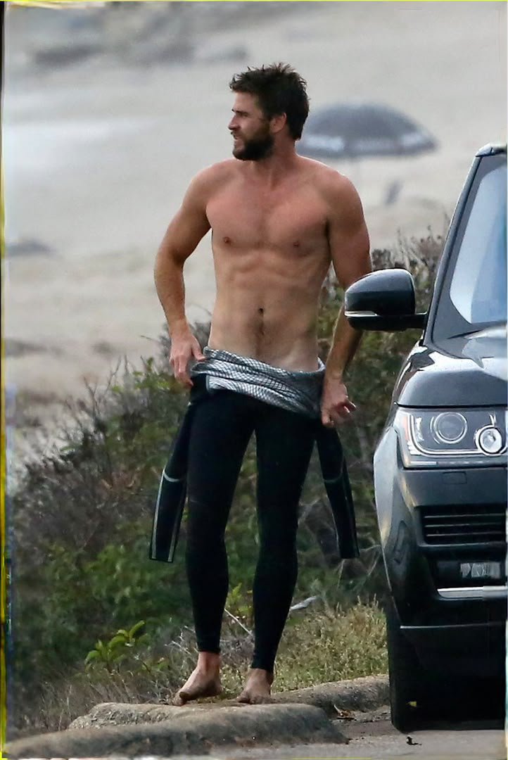 dorawhite47's tweet photo. actor Liam Hemsworth stripping out of a wetsuit on a beach close to a car ... https://t.co/x1YhXra22P