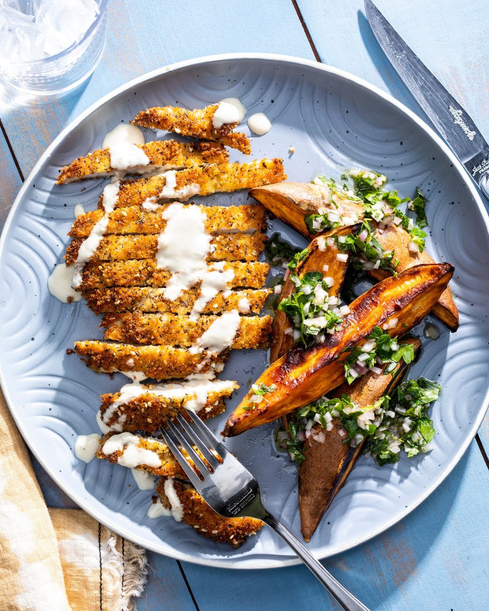 TestKitchen's tweet photo. Simple ingredients, dressed up just a little: chicken cutlets with a za'atar crust and sweet potato wedges in a herb vinaigrette. Ready in 35 minutes. https://t.co/ULnF4AHTBw https://t.co/CXnGBoPQWa