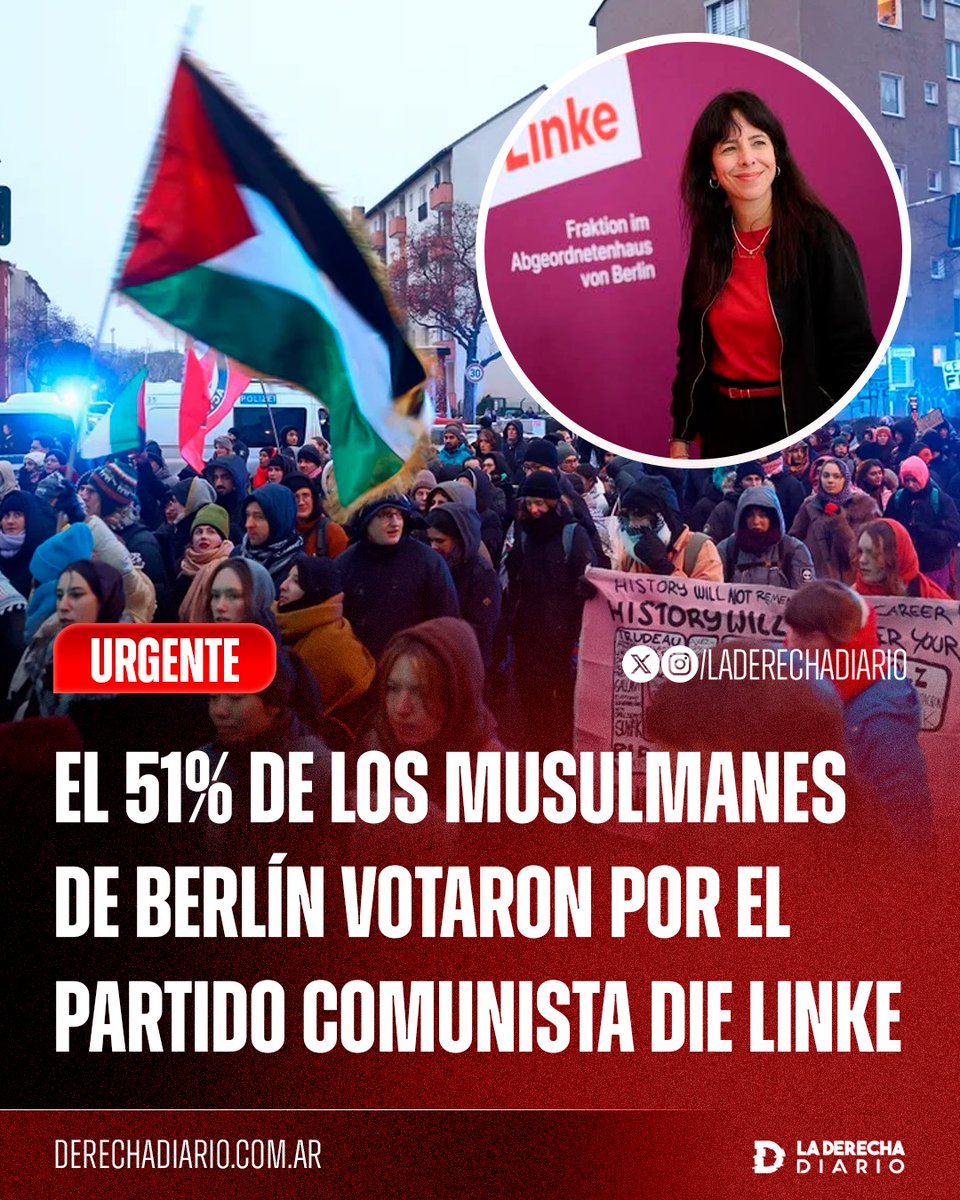 laderechadiario's tweet photo. 🚨🇩🇪☪️ | REEMPLAZADOS: Según una encuesta de Forschungsgruppe Wahlen, se reveló que el 51% de los votantes musulmanes de Berlín votó por el partido comunista Die Linke, el doble de la cifra obtenida por el partido en las pasadas elecciones, en las que resultó ganador —mientras que entre los cristianos solo recibió un 17% de apoyo—, un hecho que evidencia la agenda de inmigración masiva impulsada por la izquierda para perpetuarse en el poder.