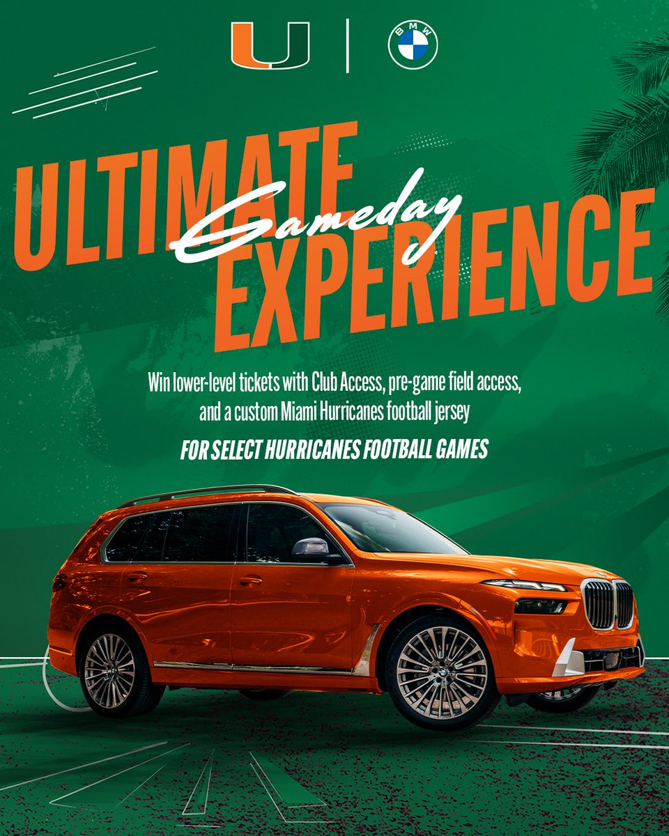 MiamiHurricanes's tweet photo. We’ve teamed up with @bmwsouthflorida to give 2 winners the Ultimate Gameday Experience! 🙌

Includes:
🎟️ 2 tickets to @canesfootball vs FSU or VT
👀 1 Pre-game on-field experience
🏈 1 Custom Miami jersey

Deadlines: FSU (9/30) | VT (11/14)
Enter now: https://t.co/tQD6Xr2TYc https://t.co/GFnKBc4YCs