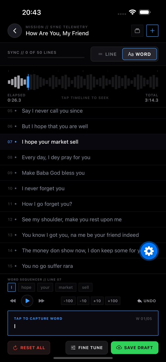 OlaBima_'s tweet photo. I wanted to understand how @Spotify -style synced lyrics actually work, so I built my own in React Native.
GitHub: https://t.co/ZeTJN1gHr4 
You can sync lyrics line-by-line or word-by-word, then play them back in real time.
🧵 A little more on how it works ↓ https://t.co/qoR8ZP9Rd5