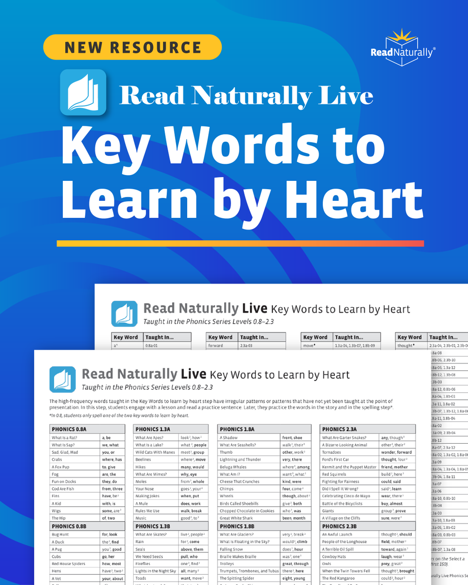 ReadNaturally's tweet photo. We recently added lessons to the Key Words step for stories in the Read Naturally Live Phonics series to help students learn and master high-frequency, irregular words. This reference sheet lists these key words: https://t.co/AcLVwftQlT https://t.co/UCkuXx98zl