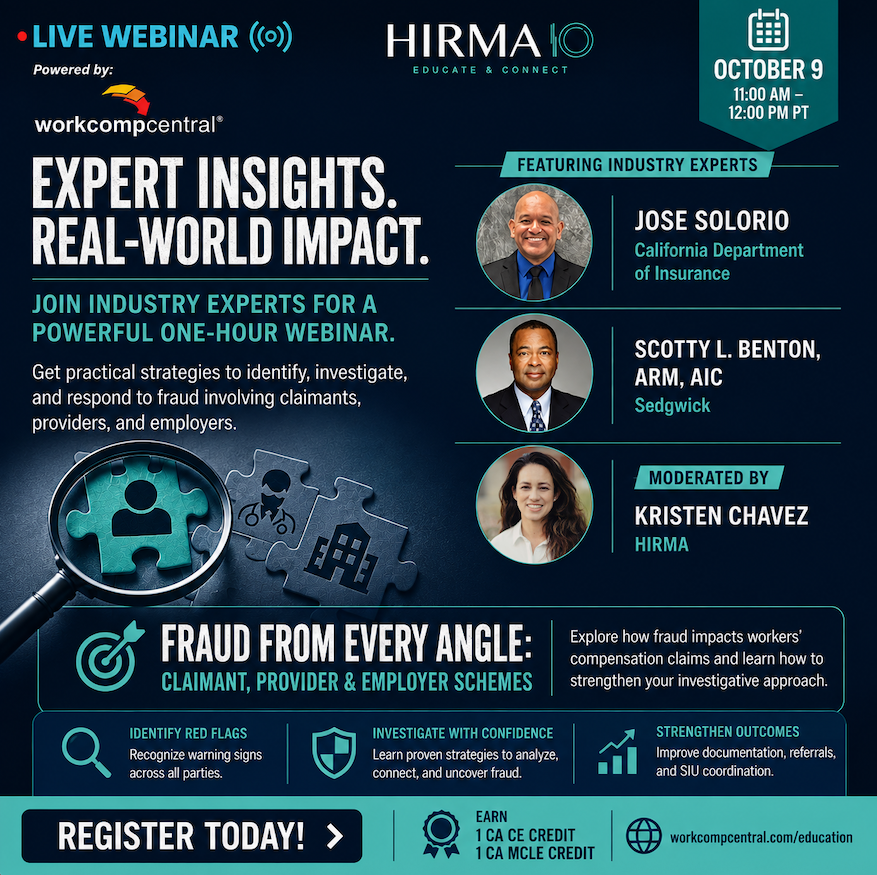 WorkCompCentral's tweet photo. Fraud investigations require more than spotting one suspicious claim.

Join HIRMA’s upcoming webinar to strengthen your investigative skills and improve your approach to suspected fraud.

📅 October 9
🔗 Register today: https://t.co/ZCTEvK9YHw https://t.co/OUpio0wJK6