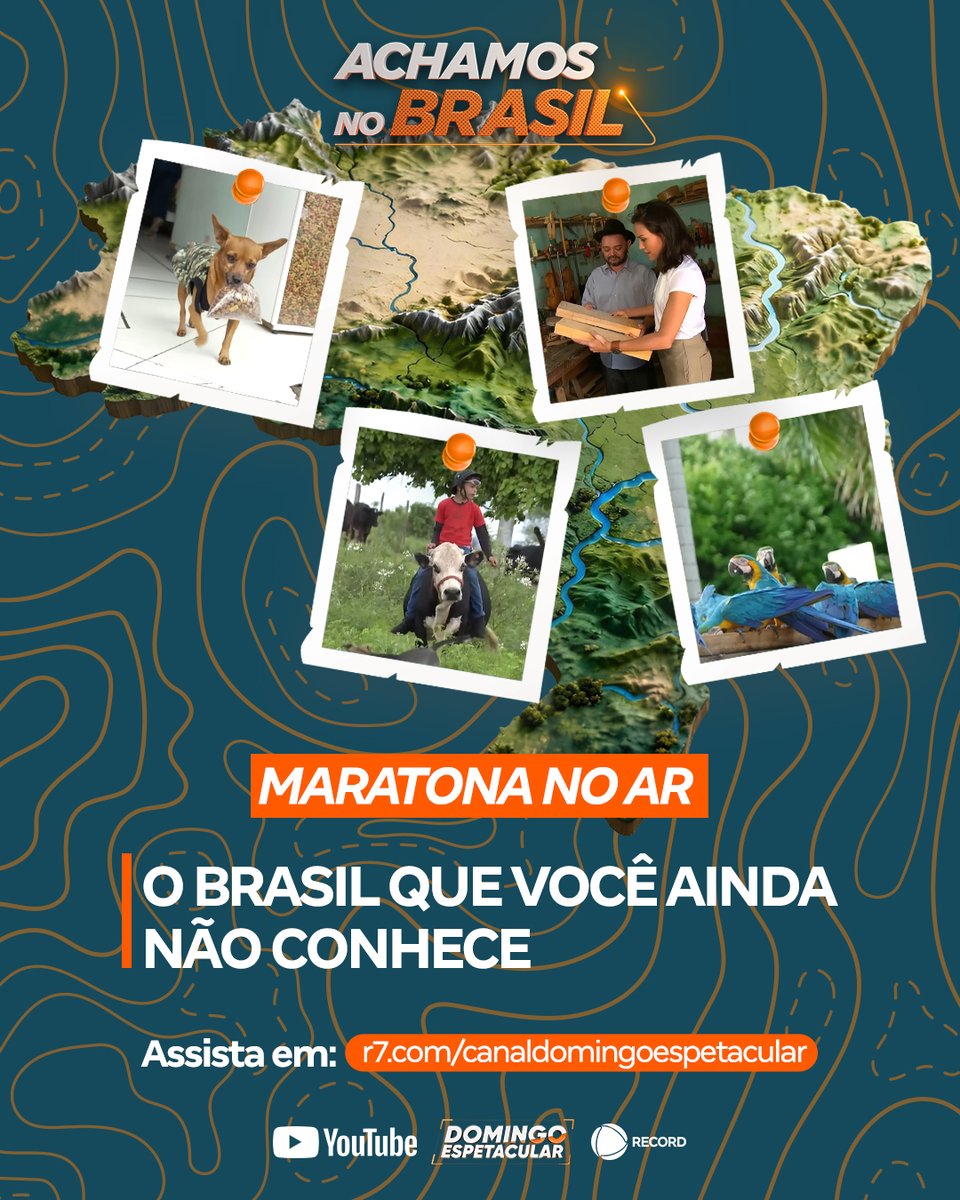DomEspetacular's tweet photo. 🇧🇷 Boa tarde! A maratona de #AchamosNoBrasil já está no ar com personagens curiosos, histórias inusitadas, tradições e situações que mostram o quanto cada canto do país pode render uma boa descoberta. Vem ver o que a gente achou por aí! 👀

➡️ Acesse https://t.co/1LiryZ3s9Y, inscreva-se no canal do #DomingoEspetacular e maratone agora!
#RECORD #ReportagensDE