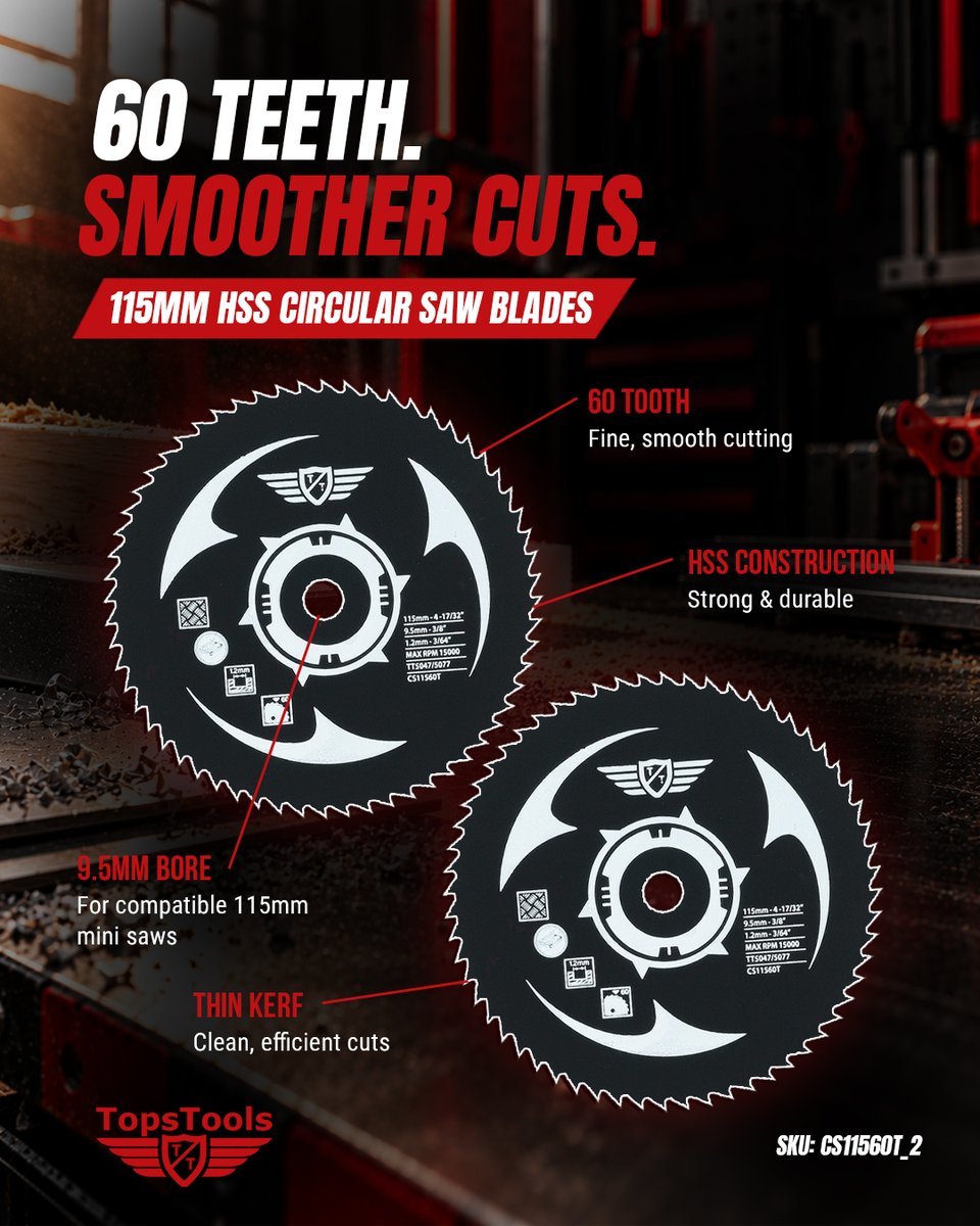 TopsTools's tweet photo. 60 teeth. Smoother cuts. 🔴
TopsTools 115mm 60T HSS Saw Blades for clean, precise straight cuts through wood, plastics &amp; sheet metal.
60T • 9.5mm bore • 2pc pack
CS11560T-2
#TopsTools #SawBlades #TradeTools https://t.co/JXloSUnZaU
