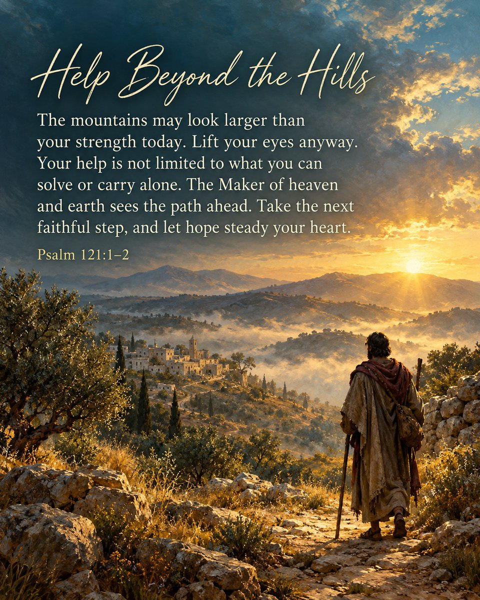 HolyVersesOrg's tweet photo. Help Beyond the Hills

Psalm 121:1–2 turns a traveler's eyes toward the hills and then toward the Lord, the Maker of heaven and earth. The landscape is vast, but the psalm does not ask the traveler to find strength within the mountains. Help comes from God.

When tomorrow's path https://t.co/skQ6Es76Uy