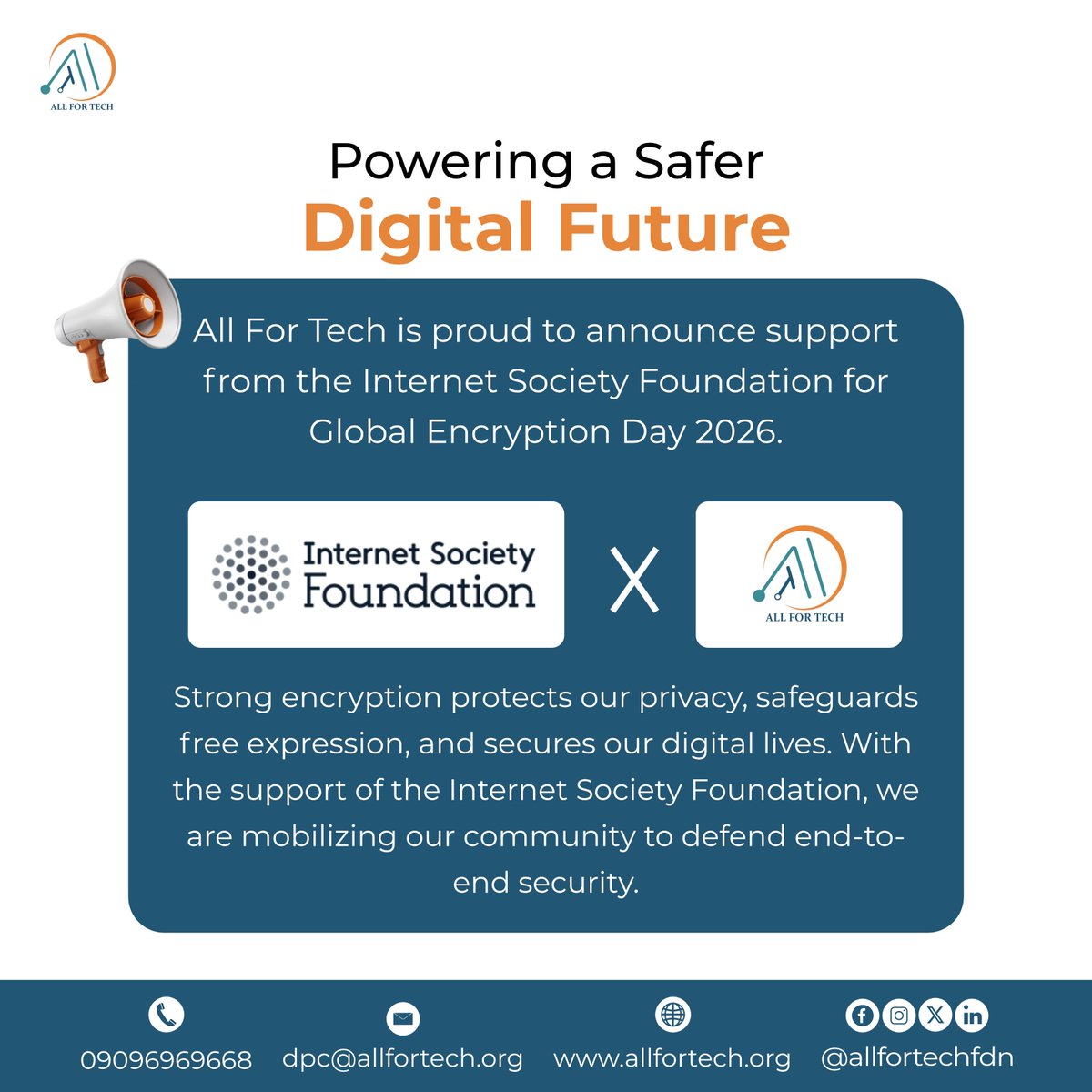 AllForTechFdn's tweet photo. All For Tech Empowerment Foundation has received support from the internet society Foundation for Global Encryption Day 2026.

As a member of the Global Encryption Coalition, we bring that message to Kano this October.

Stay tuned. https://t.co/SVrzUBM7Sl