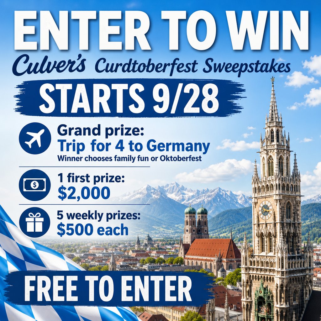 SweepsAdvantage's tweet photo. Say cheese—then Germany! 🧀 Culver’s Curdtoberfest STARTS 9/28! Grand prize: trip for 4, family fun or Oktoberfest. Separate prizes: $2,000 + 5 weekly $500 cards. Who’s your travel crew? Free to enter! Click for details; enter starting 9/28:
https://t.co/zoKpDPiL7y https://t.co/k99B8uKIEA