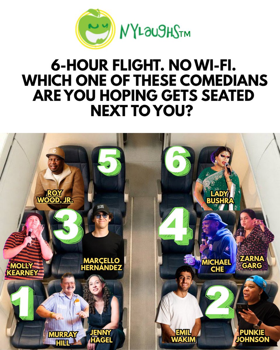 NYLaughs's tweet photo. Picture this: Murray Hill , Jenny Hagel, Emil Wakim, Molly Kearney, Marcello Hernández Punkie Johnson , Lady Bushra , Zarna Garg  Michael Che, and Roy Wood Jr. (@roywoodjr) scattered across the cabin.

Comment your pick 👇

#standupcomedian https://t.co/6dPcQp1zEw