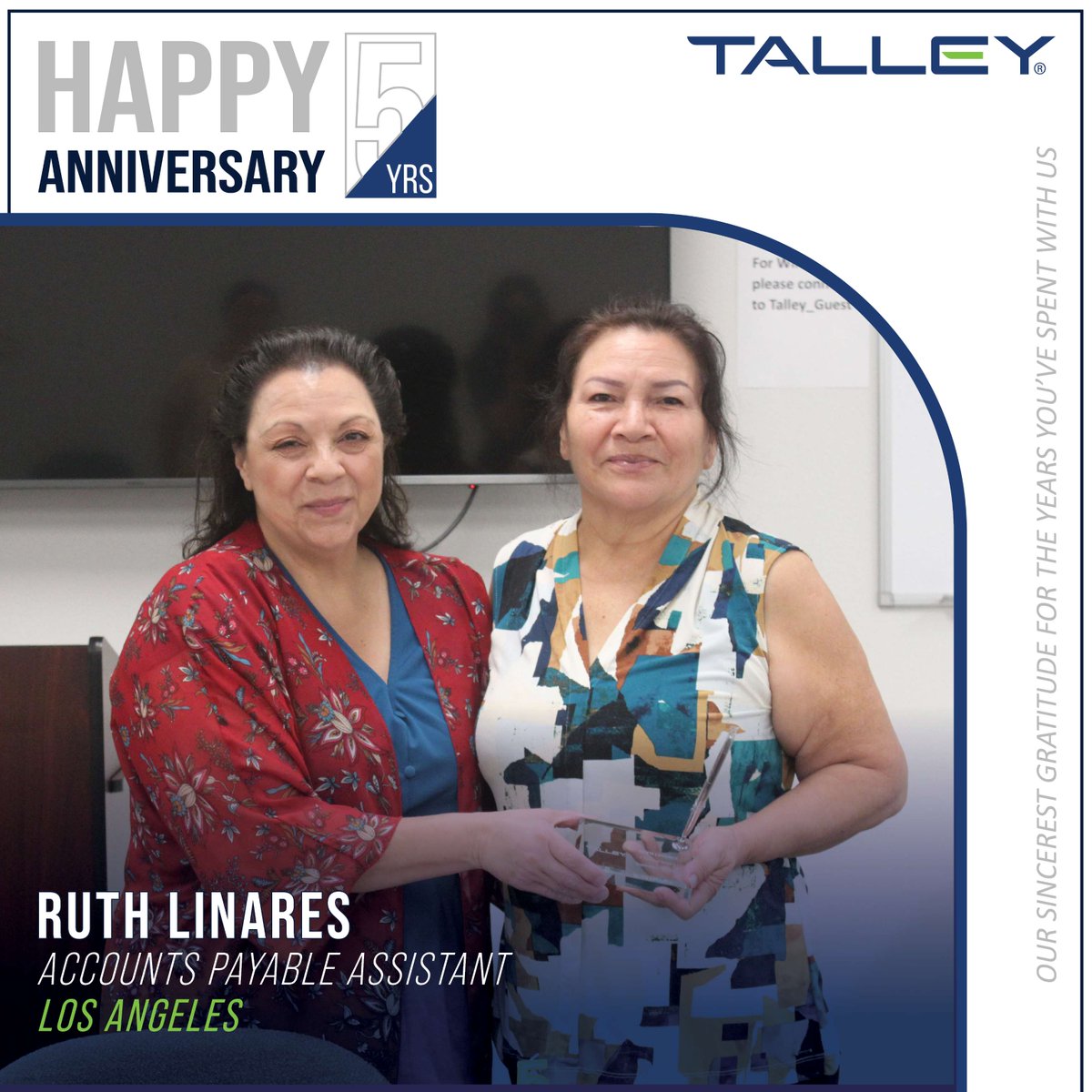 TalleyLLC's tweet photo. Cheers to Ruth Linares from our Los Angeles facility for hitting the incredible milestone of 5 years with Talley! Your dedication to Service Excellence has truly made a difference for our customers and team alike!
.
.
.
#TalentAtTalley #ServiceExcellence #WeLoveOurEmployees https://t.co/BPQU7UjLZH