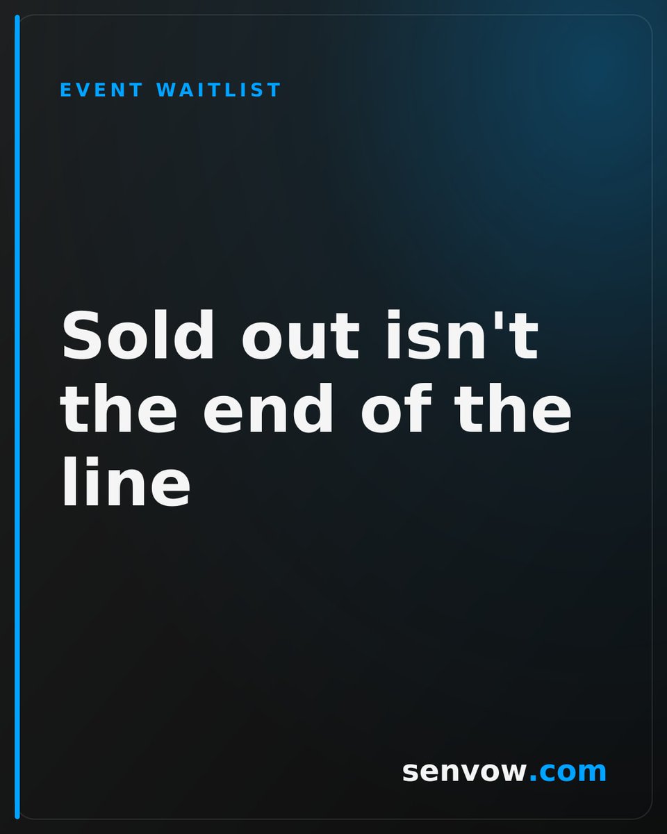 senvow's tweet photo. Someone drops out at 6pm and you're back in your DMs. When your event fills up, a built-in waitlist takes over: guests join with a name and email, and every freed spot offers itself to the next person in line.

#SoldOut https://t.co/5GzMwEyF0H