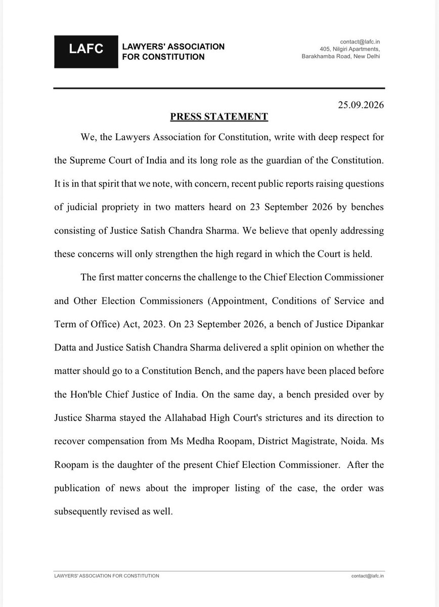 lafcindia's tweet photo. LAFC Press Statement | Judicial Propriety, Transparency and Public Confidence

The Lawyers’ Association for Constitution has issued a statement concerning two matters heard before the Supreme Court on 23 September 2026. https://t.co/BrgcnwRNui