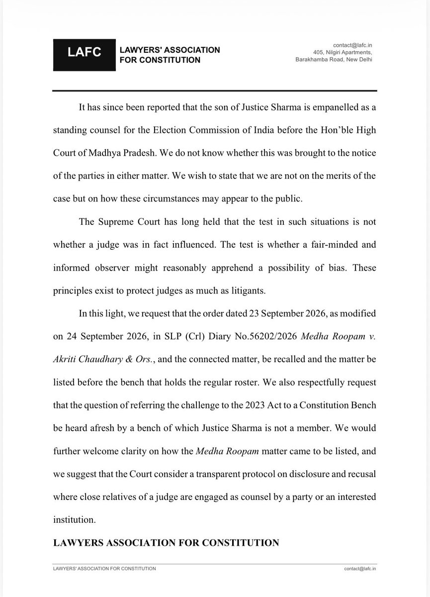lafcindia's tweet photo. LAFC Press Statement | Judicial Propriety, Transparency and Public Confidence

The Lawyers’ Association for Constitution has issued a statement concerning two matters heard before the Supreme Court on 23 September 2026. https://t.co/BrgcnwRNui