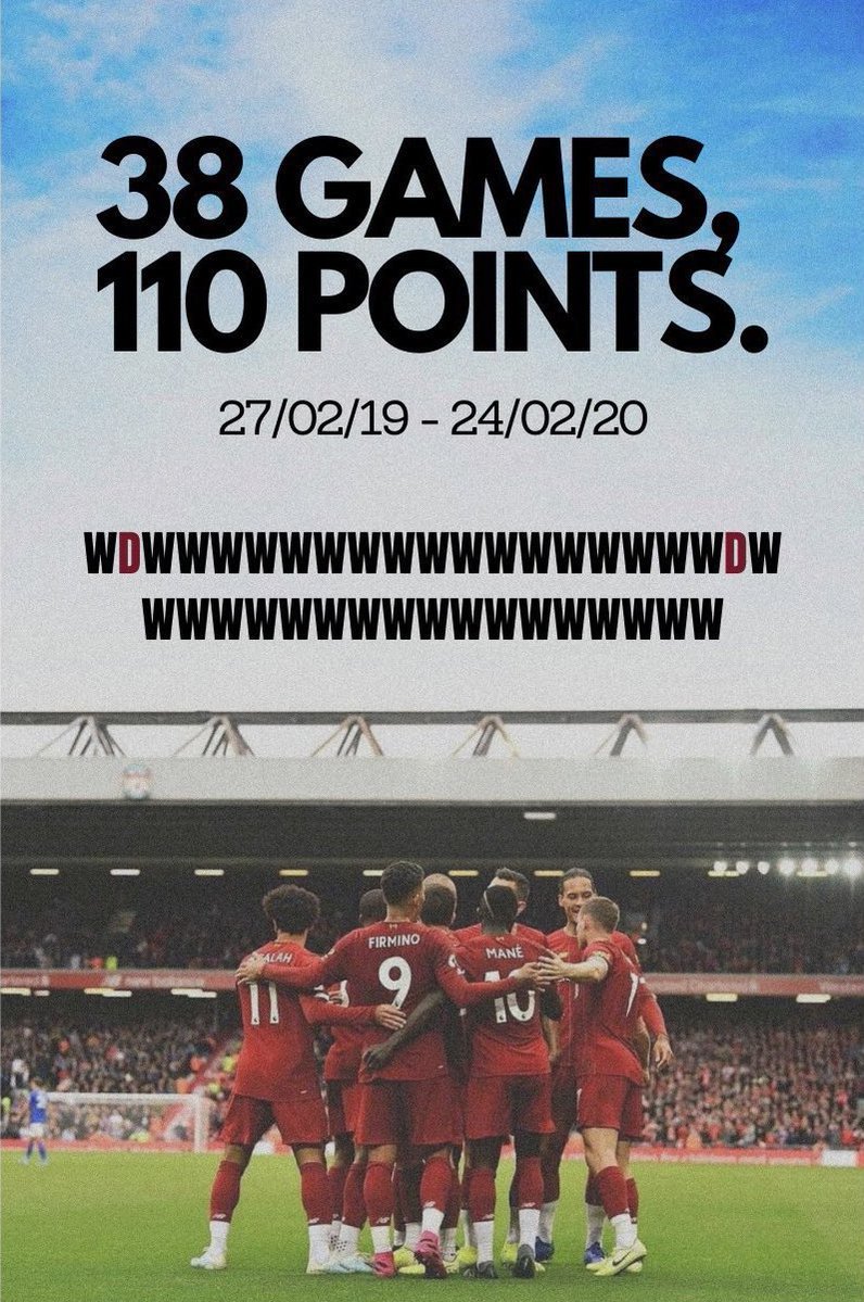 SamueILFC's tweet photo. 110 points out of 114 possible, without cheating.

The Greatest Team in Premier League history. https://t.co/mQrQFxmcrP