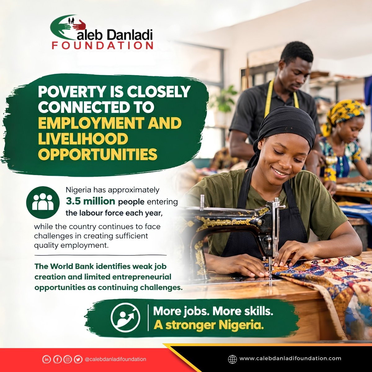 CDanFoundation's tweet photo. CDF FACTS &amp; TRENDS 📌

With approximately 3.5M people entering Nigeria’s labour force each year, expanding access to quality jobs, skills, entrepreneurship and sustainable livelihoods remains critical.

What is the biggest barrier to sustainable livelihoods in Nigeria today? 👇🏽 https://t.co/4mRFCtt0LX