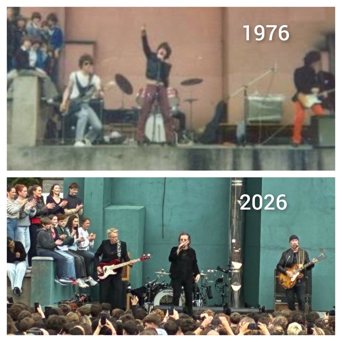 TomZillich's tweet photo. Pretty cool that @U2 performed at the high school where they met and formed the band. 
Same spot 50 years later. https://t.co/8s374q8oHY