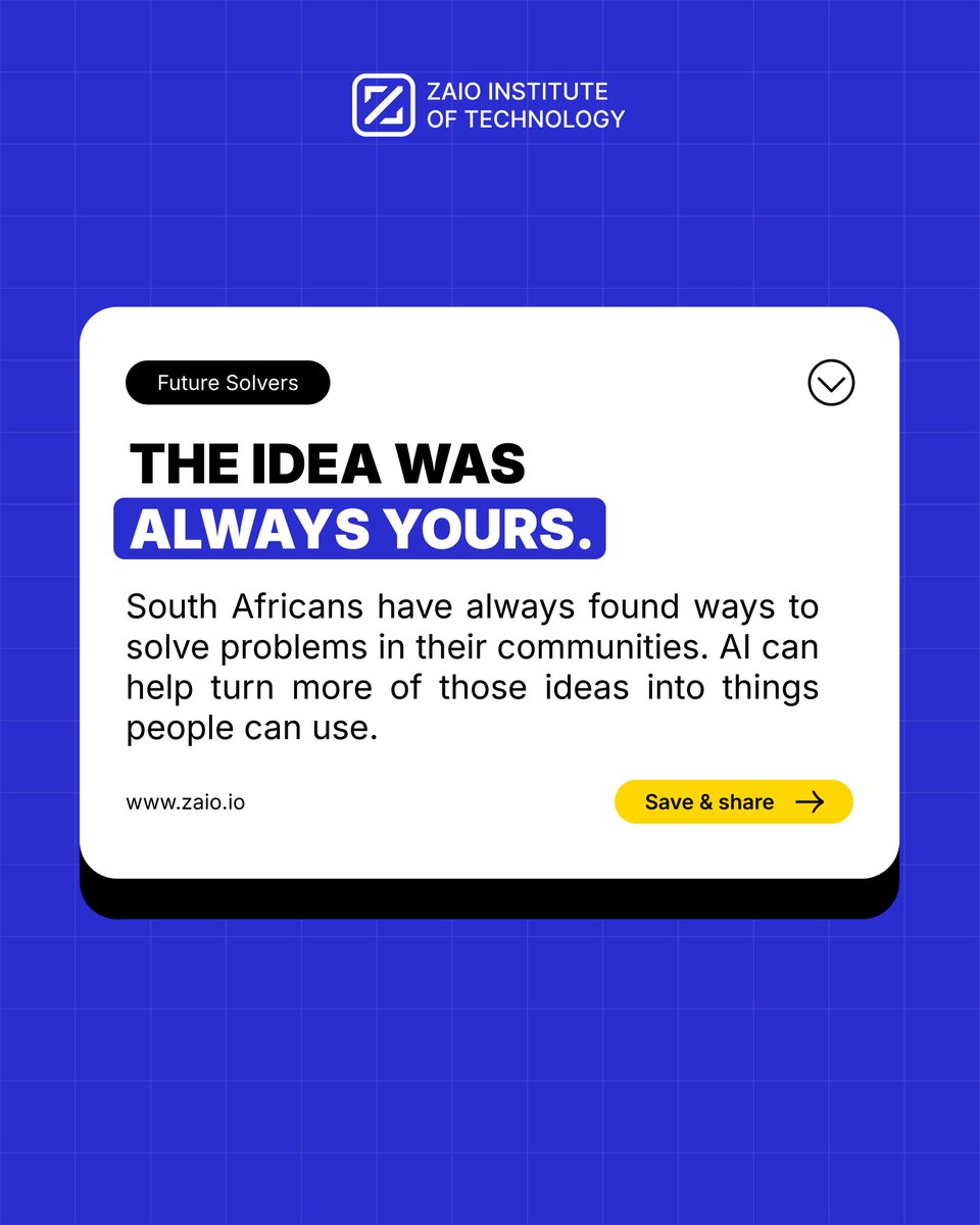 zaiotech's tweet photo. The ideas have always been here. 💡 

AI can help South Africans turn them into useful solutions for their communities. 

What would you build? 

#BuiltBySA #AIasATool #Zaio https://t.co/9K38kDDAdl