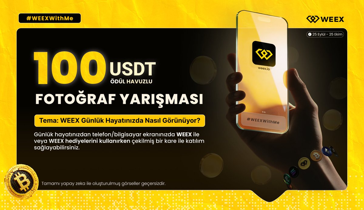 WEEX_Turkiye's tweet photo. #WEEXWithMe Fotoğraf Yarışması Geri Döndü!

🥇https://t.co/WmoaIzcPsx 50 USDT 🏆
🥈https://t.co/bgdZ34OTBR 30 USDT 🏆
🥉https://t.co/UE5ZNaSlz8 20 USDT 🏆

💛Katılım: 
✅@WEEX_Turkiye hesabını takip et
🔁Bu gönderiyi RT'le
📷 Fotoğrafını #WEEXWithMe etiketiyle kendi X hesabında paylaş ve @WEEX_Turkiye hesabını etiketle

❗ Fotoğrafında WEEX logosu ve rengi görünür olmalı
📅 Son katılım: 25 Ekim

Detaylar: 
Yarışmaya katılmak için topluluğumuza gönderilen hediyelerle kareler yakalayabilirsiniz. İsterseniz sporda, iş yerinde, kahvaltıda kısacası hayatın her anında WEEX'i ekranınızda taşıdığınızı gösteren fotoğraflar paylaşabilirsiniz. Bunun için telefonunuzun veya bilgisayarınızın ekranında WEEX görünecek şekilde bir kare yeterli.

Fotoğraflarınıza yapay zeka kullanarak WEEX logosu yerleştirebilir veya düzenleme yapabilirsiniz. Ancak tamamı yapay zeka ile oluşturulmuş görseller yarışmada geçersiz sayılacaktır. 

Herkese Bol Şans! 💛💛

Kampanya nihai karar hakları WEEX'e aittir.