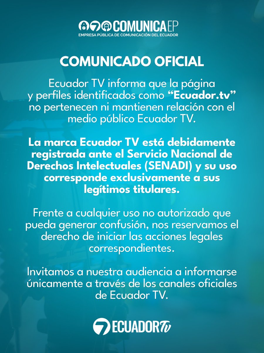 EcuadorTV's tweet photo. 📢 COMUNICADO OFICIAL

Ecuador TV informa a la ciudadanía que las páginas y perfiles identificados como “https://t.co/NCiZlBQ9lN” no pertenecen ni mantienen relación con este medio público.

La marca Ecuador TV está debidamente registrada ante el Servicio Nacional de Derechos Intelectuales (SENADI). Frente a cualquier uso no autorizado que pueda generar confusión, nos reservamos el derecho de iniciar las acciones legales correspondientes.

🔎 En la segunda lámina identificamos dichos perfiles y detallamos nuestros canales oficiales. Invitamos a la ciudadanía a verificar las cuentas antes de consultar o compartir su contenido.