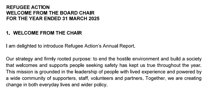 CharlotteCGill's tweet photo. Refugee Action received £16,765,000 from taxpayers between 2021-25.

Here's how its accounts begin for the year ended 31 March 2025:

"Our strategy and firmly rooted purpose: to end the hostile environment"...

WE DO NOT WANT TO FUND THESE CHARITIES! https://t.co/dIK99f2Niv
