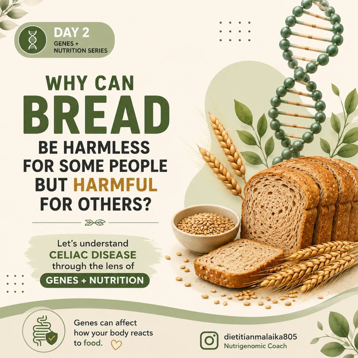 DiamondHaeowu's tweet photo. Why can bread be harmless for some but harmful for others? In celiac disease, gluten triggers an immune response that can damage the small intestine. Genes raise risk, but don’t guarantee disease. Nutrition and gut health matter, too. Day 2 of 30 https://t.co/FI1D2bXi8f