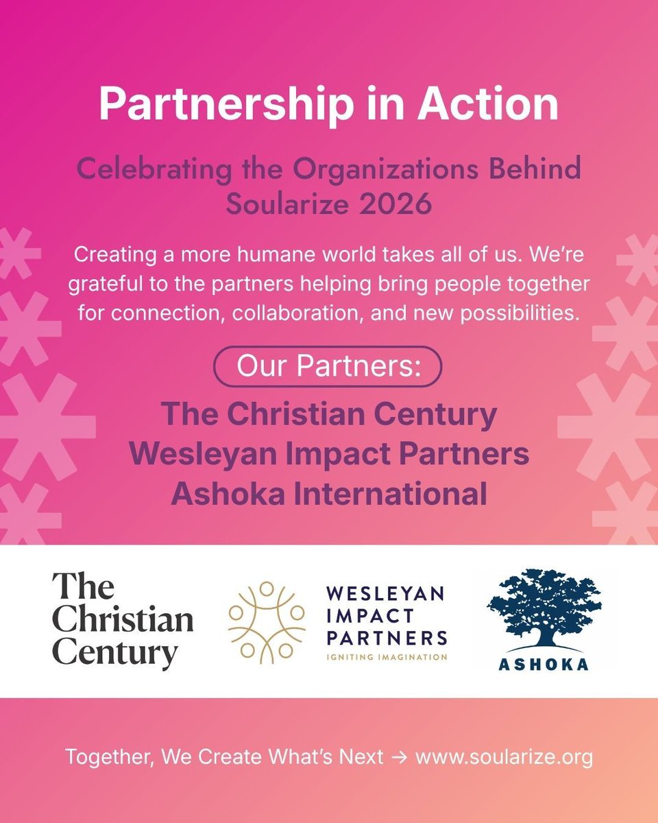SpencerBurke's tweet photo. Partnership makes possibilities possible.

Thank you to The Christian Century, Wesleyan Impact Partners, and Ashoka International for helping bring Soularize 2026 to life.

We’re grateful to have you in this community.

#Soularize2026 #Partnership https://t.co/35xauKGowg