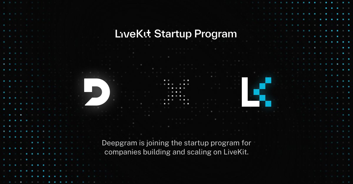 DeepgramAI's tweet photo. Voice AI is growing because builders keep pushing it forward, and we believe in backing teams early.

On top of the Deepgram Startup Program, we're proud to announce that we're a launch partner in @livekit's Startup Program. Pre-Series A teams get $1,000 in Deepgram credits and it works natively through LiveKit Inference. 

Ready from your first line of code and as you scale.

Can't wait to see what you build: https://t.co/aqJIMhfVeo