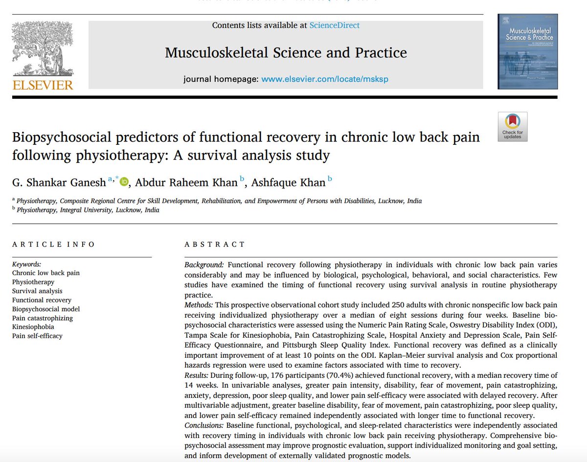 MSKPhysioJnl's tweet photo. Why do some people recover more slowly after #physiotherapy for chronic #LowBackPain? β³ In 250 adults, disability, fear of movement, catastrophizing, poor sleep and lower pain self-efficacy were linked with longer recovery time.https://t.co/yHvYw8qvIK https://t.co/V0OuE7u6J8