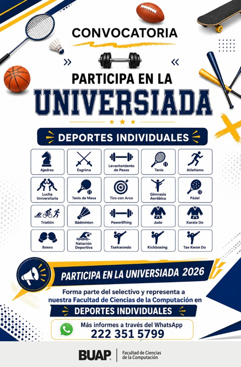 buap_fcc's tweet photo. 🏆🏃♀️🥊🤼♂️ ¡Representa a la FCC en la Universiada 2026! 🐺💙
Demuestra tu talento deportivo y forma parte de nuestro equipo.
📱 WhatsApp: 222 351 5799
📆 Límite: lunes 28 de septiembre.
#OrgulloFCC #Universiada2026 https://t.co/QAgx71XajF