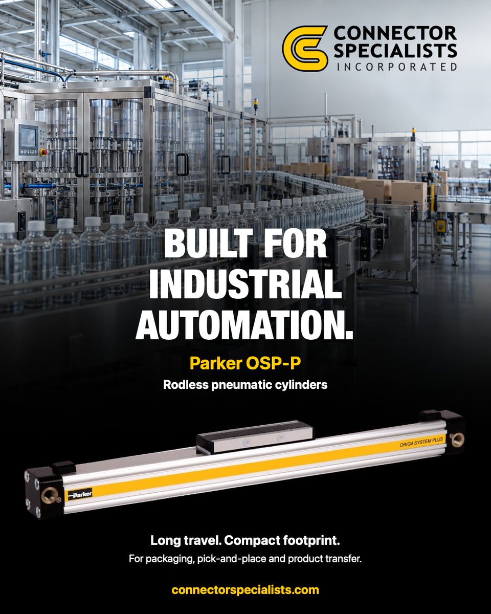 ConnectorSpec's tweet photo. Ever wonder how packaging lines move so smoothly? Meet the Parker OSP-P, a rodless pneumatic cylinder with long travel and a compact footprint.

Questions? Contact us: sales@connectorspecialists.com 📧 https://t.co/3bf3VnIAKf
