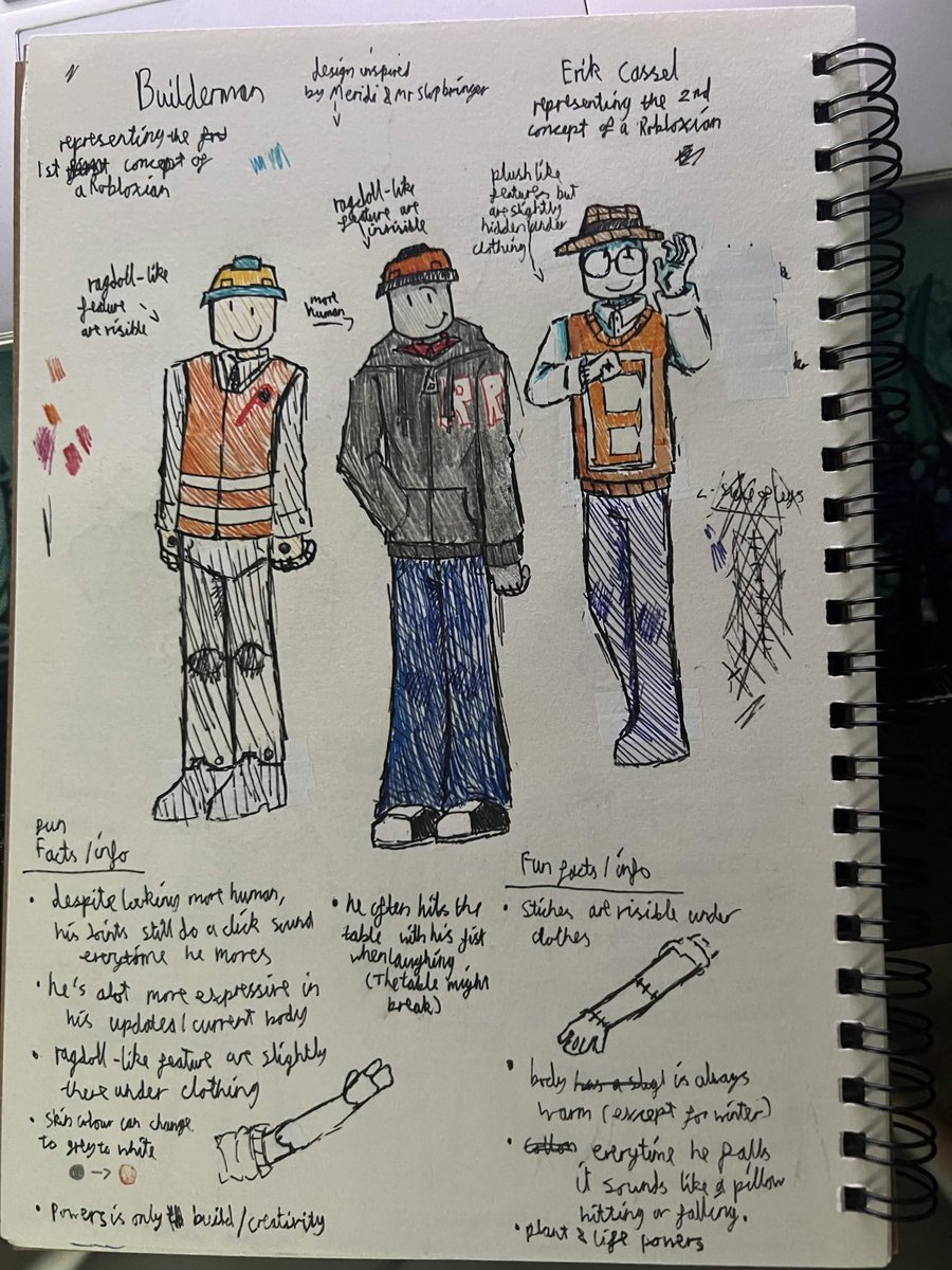 VainlessHollow's tweet photo. Made this concept about these three. (Builderman design is inspired by @meridian_cities . His design for Builderman is puppet like so I thought maybe I could kinda expand on that interpretation?) I’m planing on drawing it digitally soon https://t.co/6zbDSKrgWF