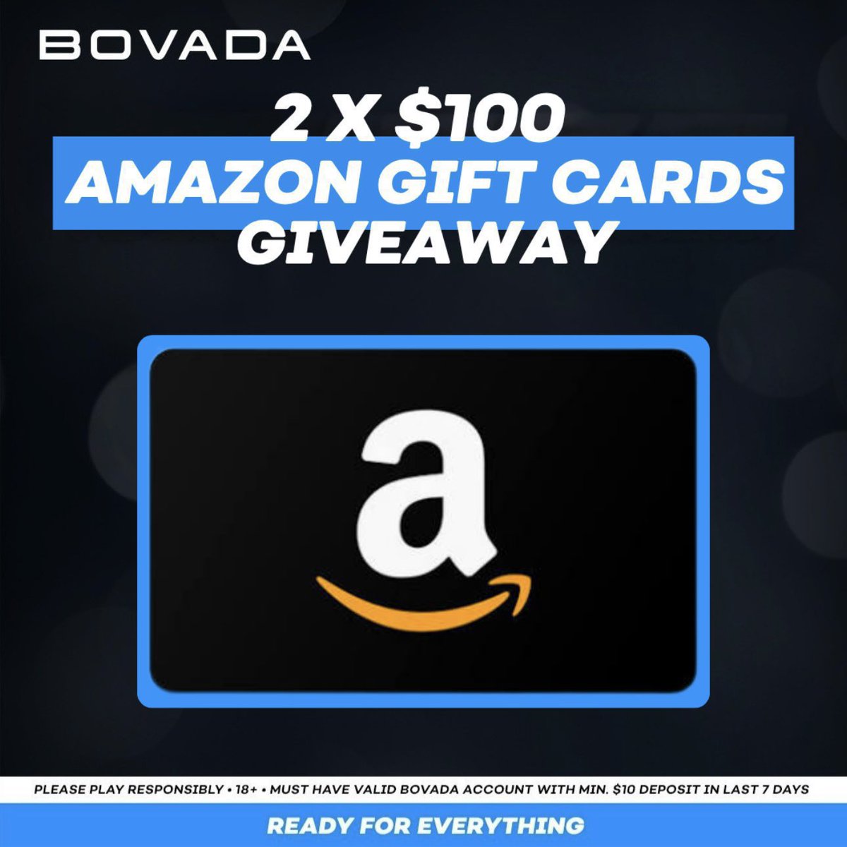 Bovada_Casino's tweet photo. 🚨 2x$100 Amazon Gift Cards Giveaway 🚨

To enter: 
- 🔁 + Follow @Bovada_Casino 
- Drop a 🎰 in the comments

Two winners will be selected and DM’d between our X, IG &amp; Facebook on October 2nd! ⏳ 

Terms: https://t.co/v8I4mHgnI4

You must be based in the USA 🇺🇸 https://t.co/btNE91xwcK
