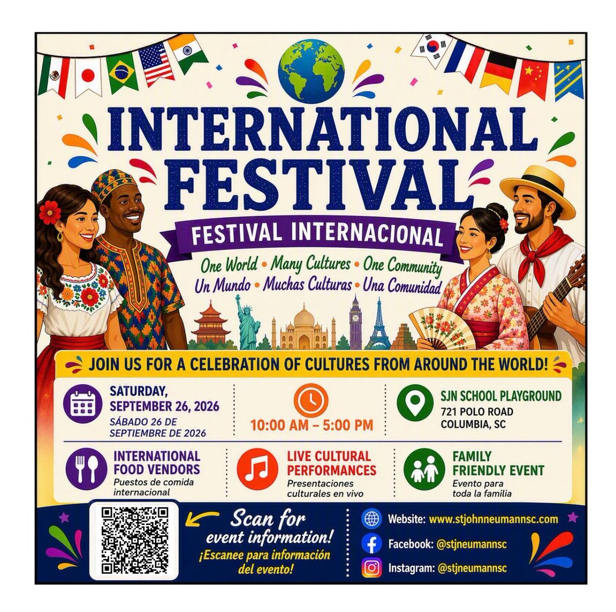 stjneumannsc's tweet photo. 🌎✨ International Festival •2026• Festival Internacional 🎉 TOMORROW: Sept. 26, 2026, 10 am – 5 pm📍721 Polo Rd, Columbia, SC. Enjoy culture, music, food &amp;amp; performances from around the world. ¡Disfruta culturas, música y sabores del mundo! 🌍🎶🍴 #FestivalInternacional https://t.co/DznK1mJZAp