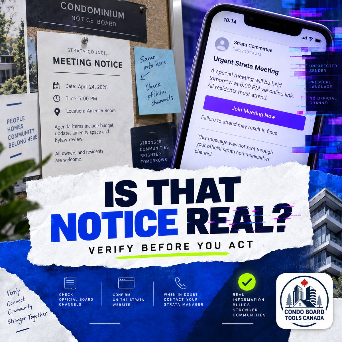 CondoBoardCA's tweet photo. Fake or unauthorized strata notices can create real confusion. Councils should use one verified communication channel, identify official senders and tell residents how to confirm meeting notices before clicking links or acting. #BCStrata #FraudPrevention https://t.co/Myl17tpwYu