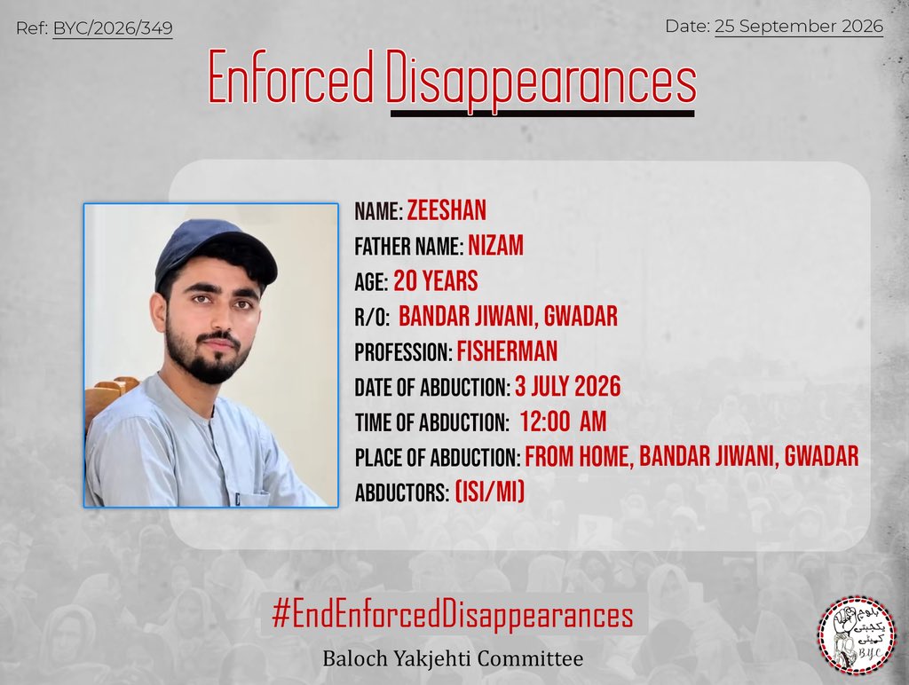 BalochYakjehtiC's tweet photo. 𝗘𝗻𝗱 𝗘𝗻𝗳𝗼𝗿𝗰𝗲𝗱 𝗗𝗶𝘀𝗮𝗽𝗽𝗲𝗮𝗿𝗮𝗻𝗰𝗲𝘀!

#EndEnforcedDisappearances
#StopBalochGenocide https://t.co/Gxm7I8gbe8