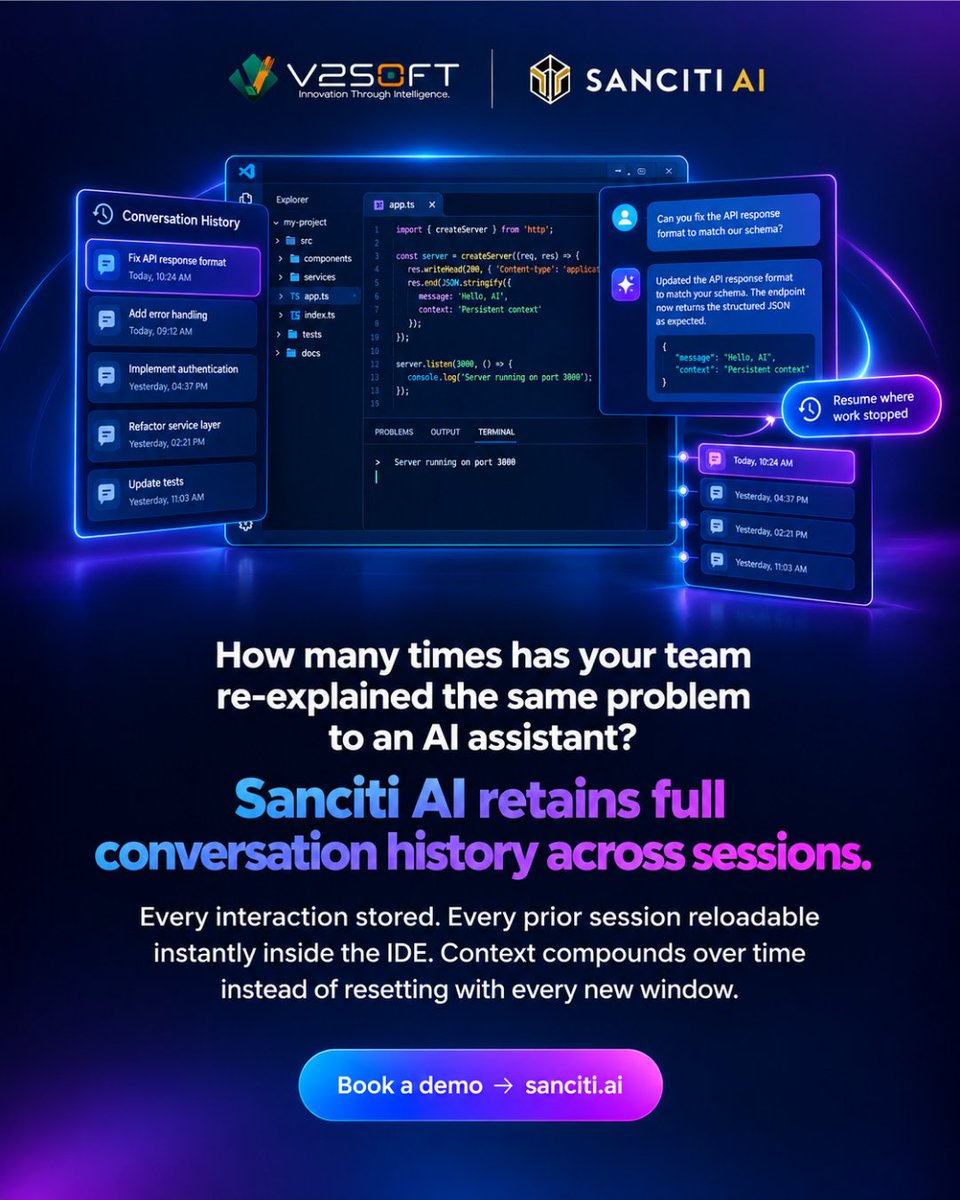 v2soft's tweet photo. #SancitiAI retains every interaction across sessions. You can browse and instantly reload past conversations inside your IDE.
https://t.co/i3H1mi8M6a

#AgenticAI #DeveloperProductivity #VSCode #IntelliJ #DevTools #SDLCAutomation #SoftwareEngineering #B2BTech #AIProductivity #Code https://t.co/uPtPcMH1NA