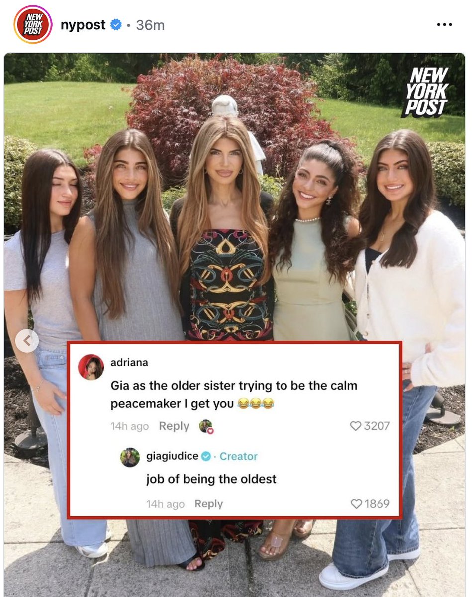 OMGPeopleareno1's tweet photo. "Storms Make Trees Take Deeper Roots"
-- Dolly Parton
@Teresa_Giudice & her girls will love each other through anything. And, if we're lucky, we get to watch. #LoveLoveLove to all of #TheGiudiceGirls
Your X Aunties know you got thisโค๏ธ#StrongWomanMindset #LoveHeals #famiglia https://t.co/YKlrCWPSTo