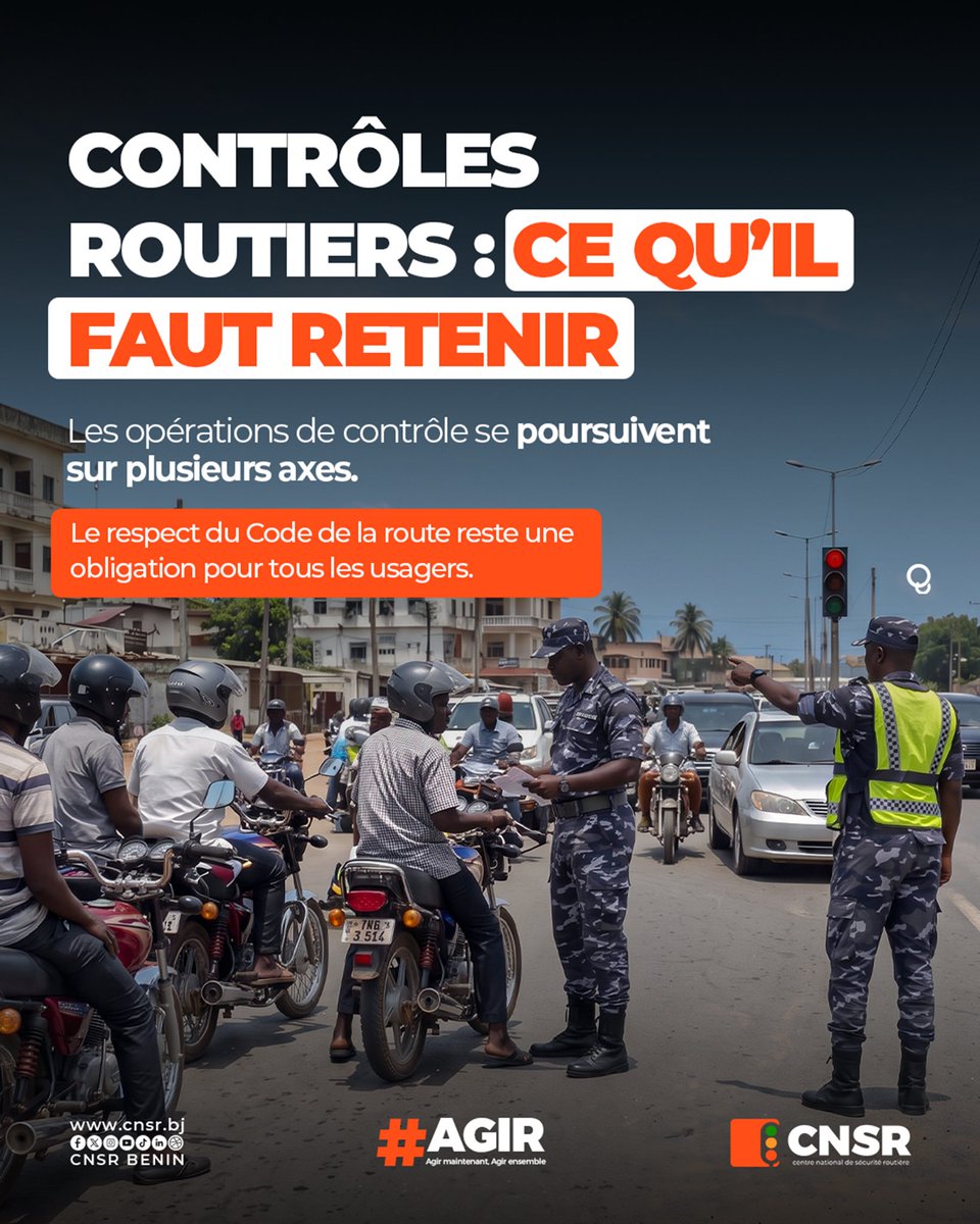cnsr_benin's tweet photo. 🚨 LE CONTRÔLE EST EN COURS. LE RESPECT DE LA RÈGLE S’IMPOSE.
Les opérations de contrôle routier se poursuivent. Chaque usager est appelé à respecter strictement le Code de la route.
N’attendez pas le contrôle pour respecter la règle.
#CNSR #SécuritéRoutière #CodeDeLaRoute https://t.co/oh7kWx12A8