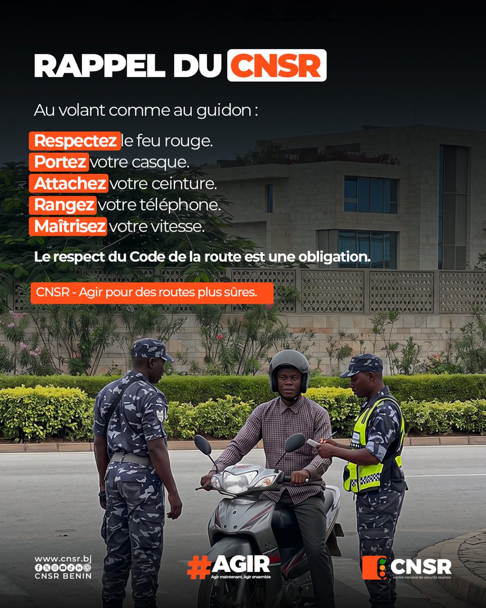 cnsr_benin's tweet photo. 🚨 LE CONTRÔLE EST EN COURS. LE RESPECT DE LA RÈGLE S’IMPOSE.
Les opérations de contrôle routier se poursuivent. Chaque usager est appelé à respecter strictement le Code de la route.
N’attendez pas le contrôle pour respecter la règle.
#CNSR #SécuritéRoutière #CodeDeLaRoute https://t.co/oh7kWx12A8