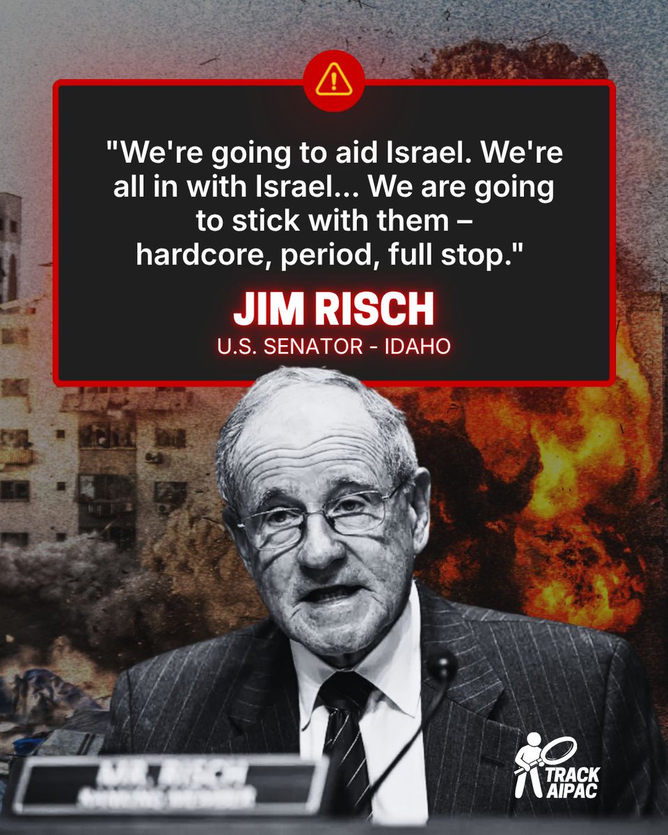 TrackAIPAC's tweet photo. 83-year-old Senator Jim Risch, Chair of the Senate Foreign Relations Committee:

"We're going to aid Israel. We're all in with Israel... We are going to stick with them – hardcore, period, full stop." https://t.co/421T79yAcy