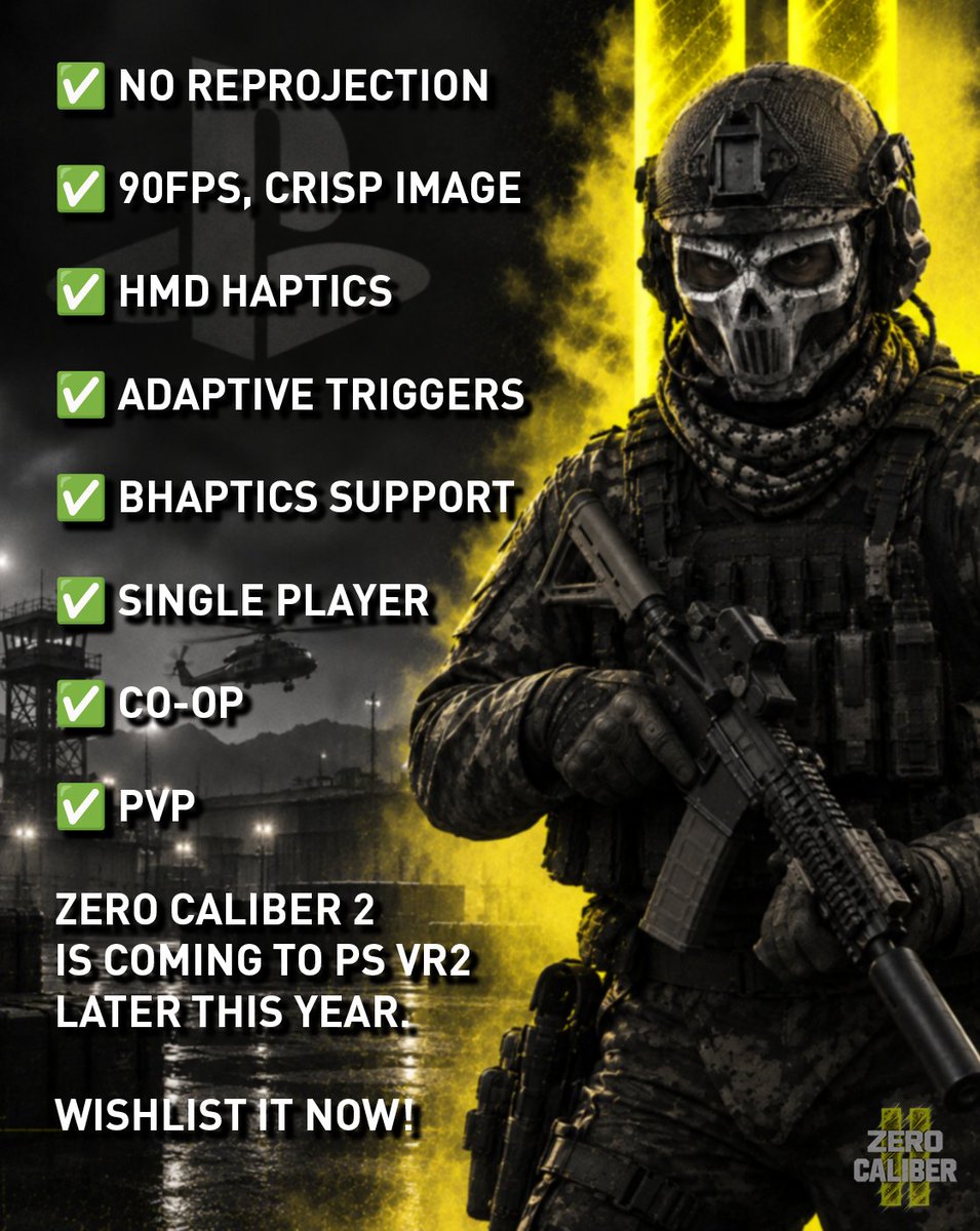 XREALGames's tweet photo. While we wait for the exact release date, just wanted to let y'all know that Zero Caliber 2 will support all the major PS VR2 features right from launch. 
I know this stuff should pretty much be standard in 2026, but we keep getting questions about it, so yeah, there you go. :) 

[1/2]