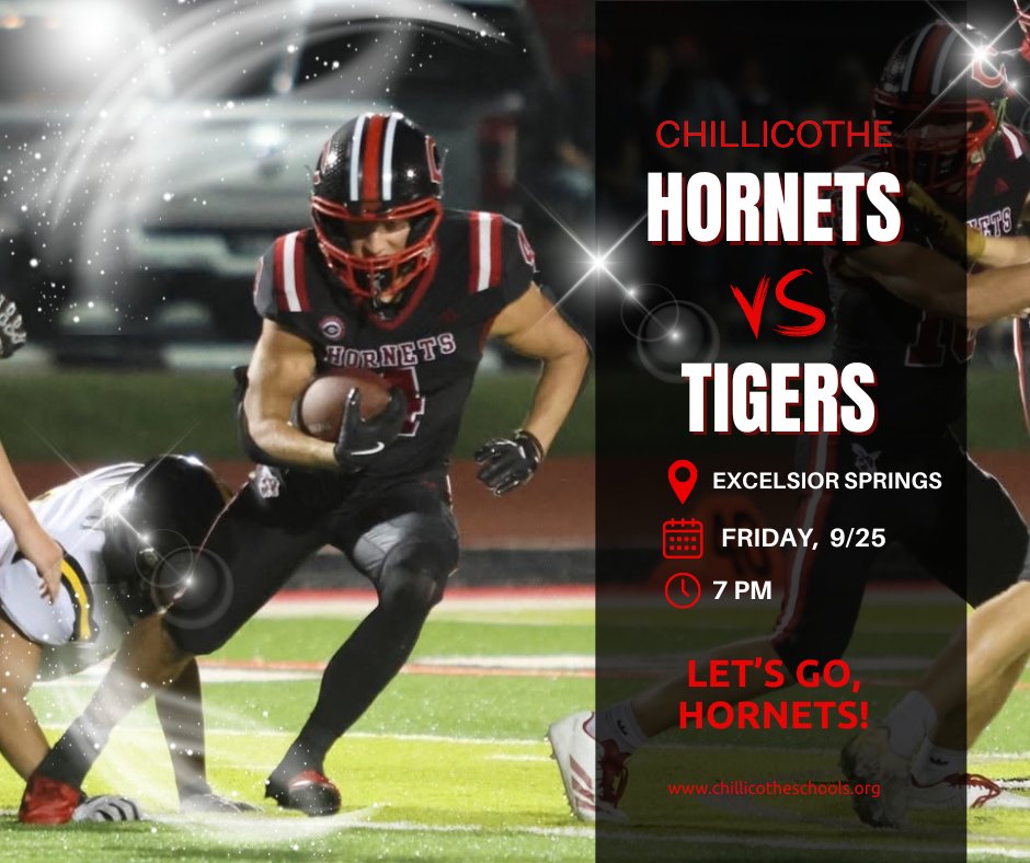 ChillicotheR2's tweet photo. Hornet Nation - get your red & black on and hit the road! ❤️🖤
The Hornets take on the Tigers in Excelsior Springs tonight at 7:00 PM. Let’s pack the stands!
Go Hornets! ❤️🖤
#GoHornets #HornetNation #HornetPride #RedAndBlack #CHSAthletics #GameDay https://t.co/QiqBHgyWoX