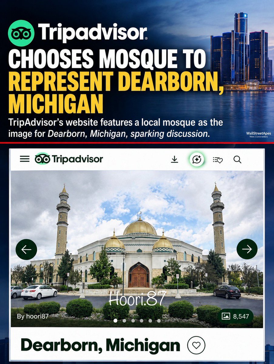 WallStreetApes's tweet photo. Tripadvisor’s website for visiting Dearborn, Michigan shows the main image as the Islamic Center of America in Dearborn

It’s not the Henry Ford Museum, Automotive Hall of Fame or the Ford Estate. No, a massive mosque is what represents Dearborn

Islamification of America https://t.co/lDT35H6VsV