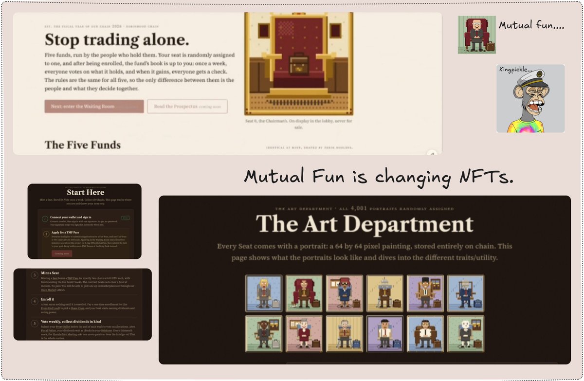 AuraBytes0es's tweet photo. The more I look into @themutualfun the more interesting the system gets.

It’s not just about owning an NFT.

→ 4,001 Seats across 5 funds
→ Weekly governance and voting
→ Onchain dividends

→ Seat upgrades and M&A
→ $TMF + Transfer Agent
→ Fully onchain fund operations

Each Seat connects ownership with a bigger onchain system.

A pretty different approach to NFTs.

@Kingpickle