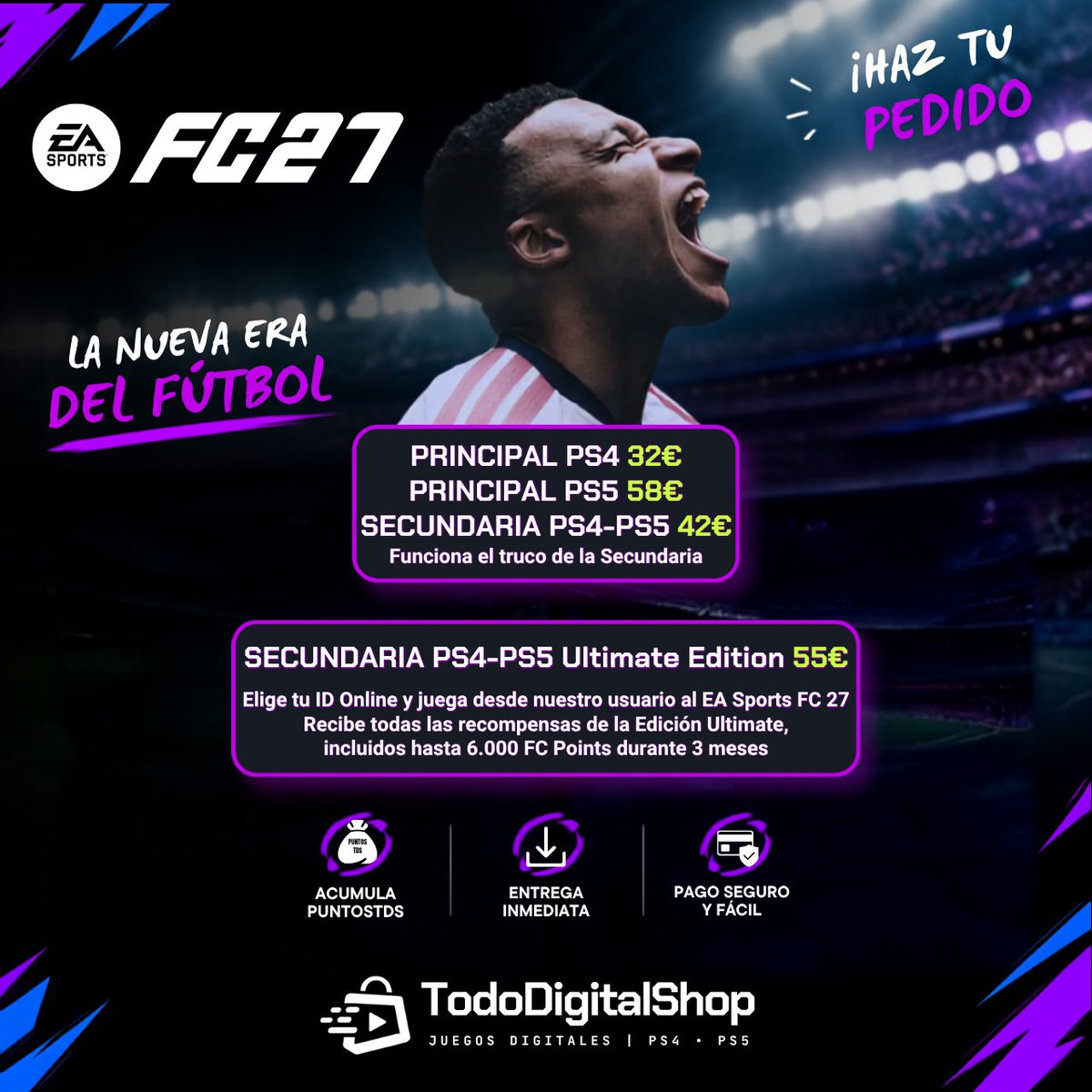 TDigitalShop's tweet photo. ⚽🔥¡LA NUEVA TEMPORADA YA HA COMENZADO!

EA SPORTS FC 27 ya está disponible 🎮🏆

El fútbol vuelve con nuevos retos y toda la emoción de FC. ¿Estás preparado para crear tu legado?

👉 https://t.co/JblMqWAu4S

#FC27 #EAFC27 #EASportsFC27 #EAFC #FC27España #PS5 #PS4 #PlayStation https://t.co/0udG09iZjD