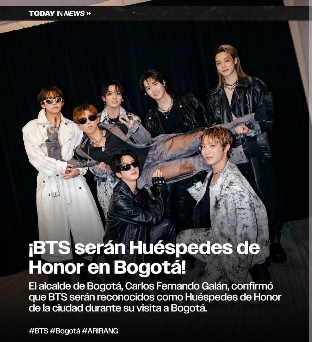 Yoon_kookie97's tweet photo. #BTS will be Guests of Honor in Bogotá!🔥✨

The mayor of Bogotá, Carlos Fernando Galán, confirmed that BTS will be recognized as Guests of Honor of the city during their visit to Bogotá 

CONGRATULATIONS BTS 
PROUD OF BTS 
#BTS_WORLDTOUR_ARİRANG 
#ARIASBTS https://t.co/6lumhYZhwd